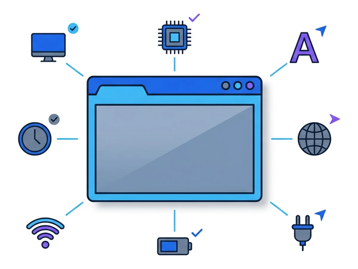 A browser surrounded by annotated attribute icons representing eight detectable device and browser characteristics