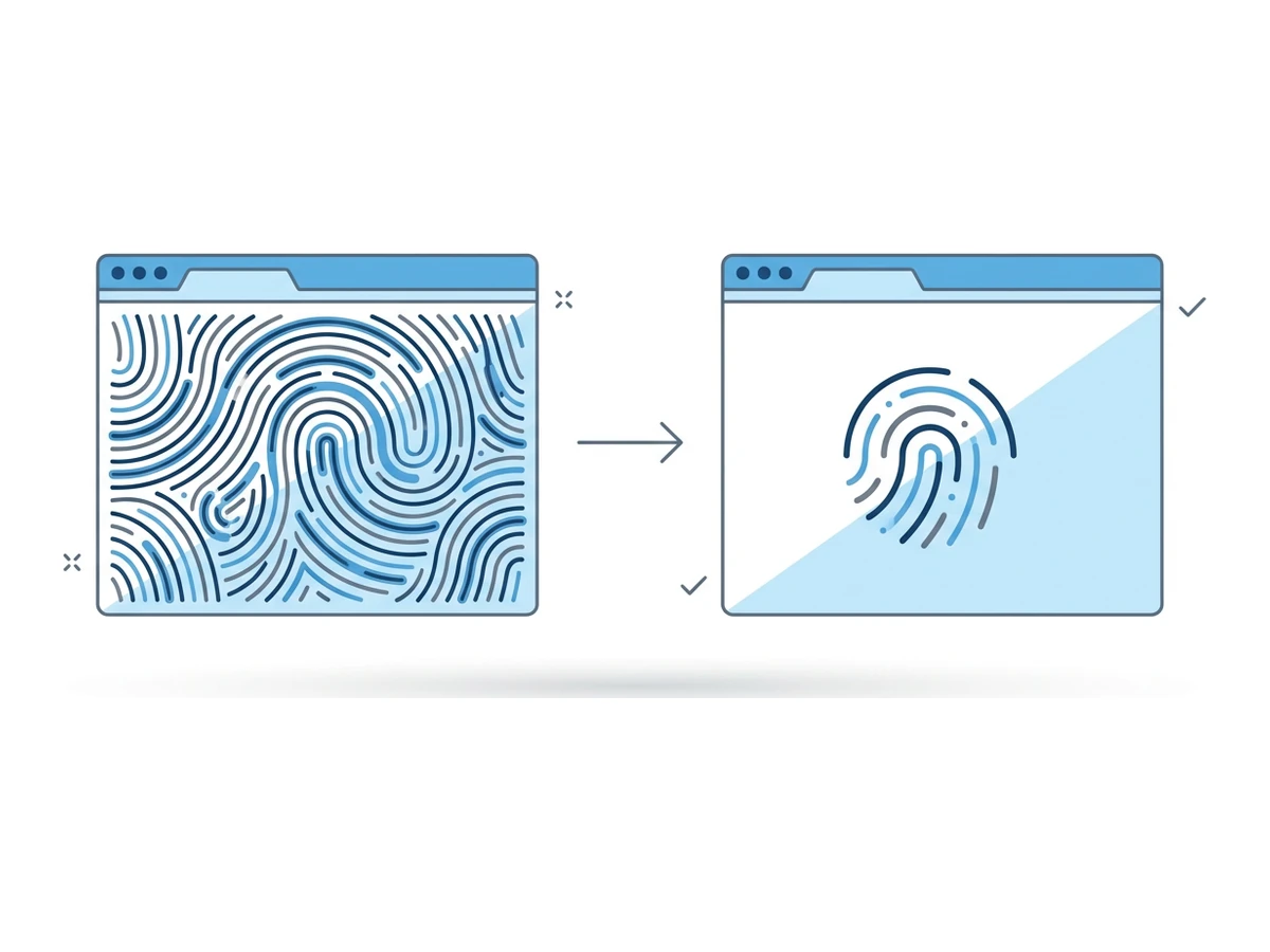 Two browser windows side by side, each showing a different fingerprint pattern, with an arrow between them indicating the comparison