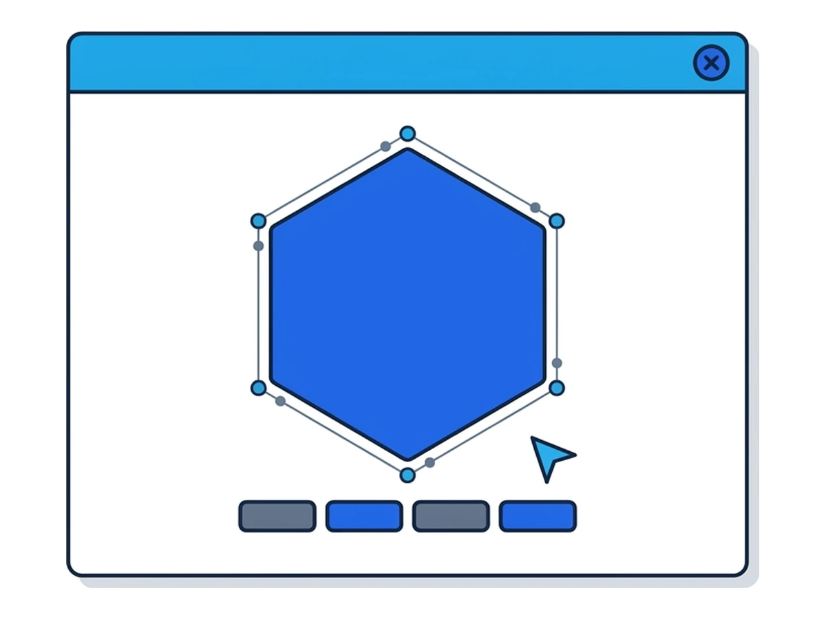 A browser window containing a hexagonal canvas area with measurement dots tracing its edges, and a row of slate rectangles below representing the resulting hash