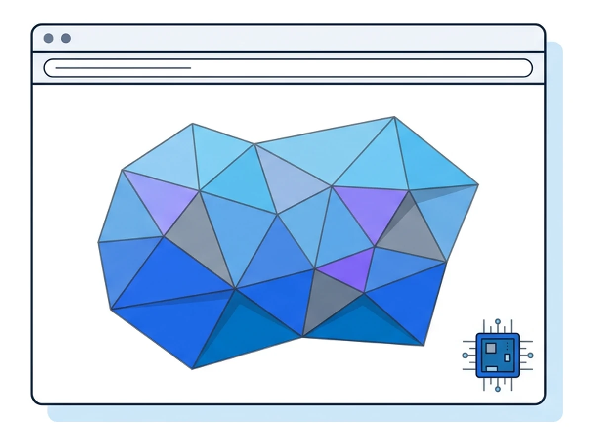 A browser window containing a low-poly triangulated mesh shape made of thin connected triangles, with a small chip icon in the corner