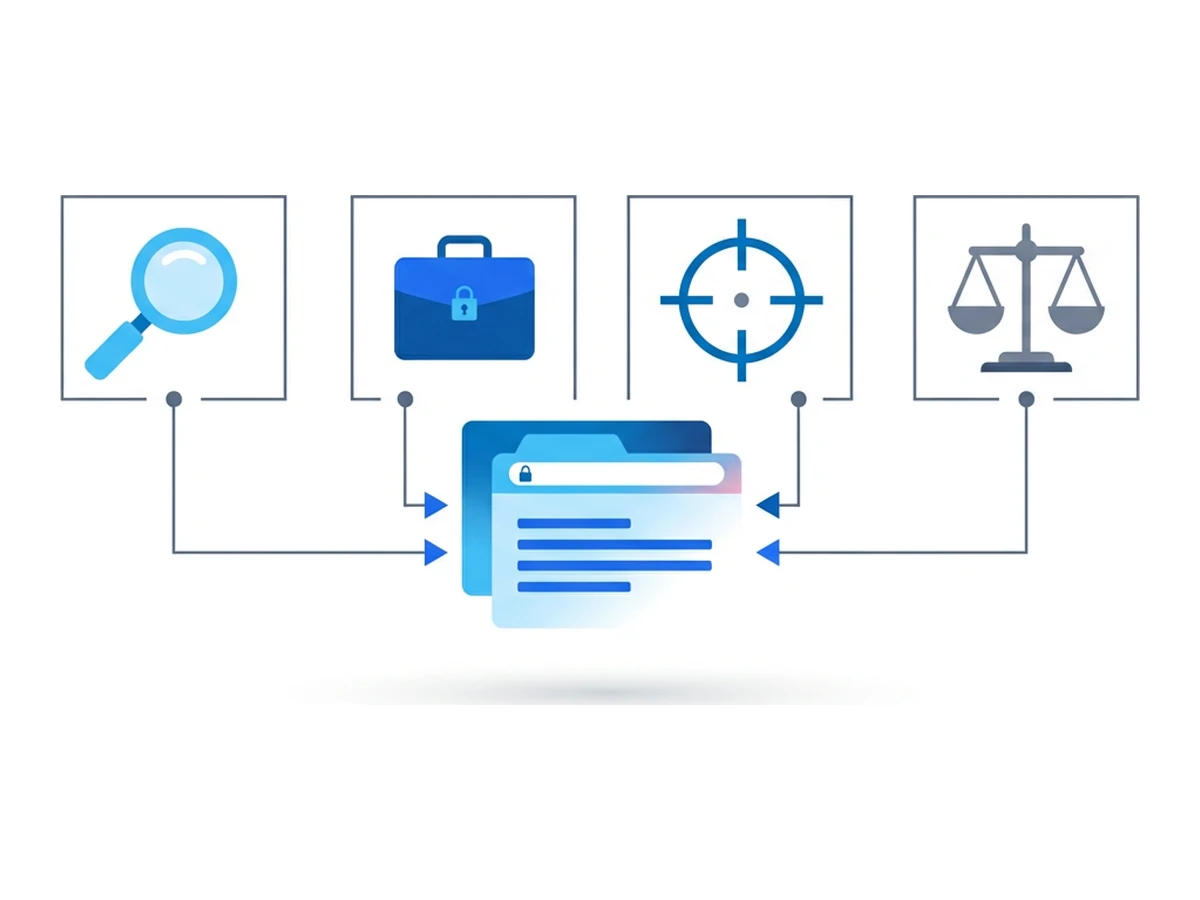 Four small icons in a horizontal row: a magnifying glass, a briefcase, a crosshair reticle, and a scale-balance