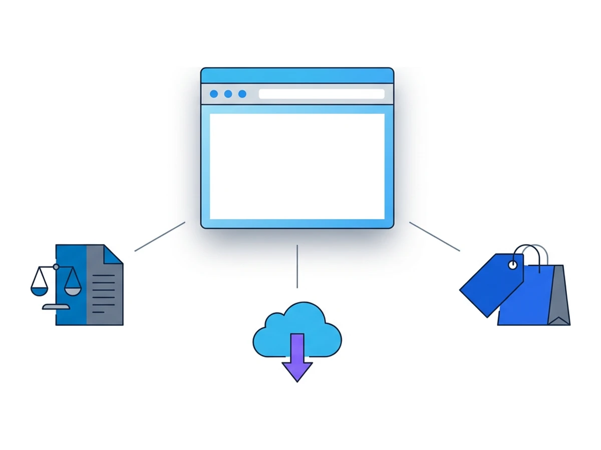 A browser window in the centre with three channel icons fanning out: a scales document, a cloud with an arrow, and a price tag with a shopping bag