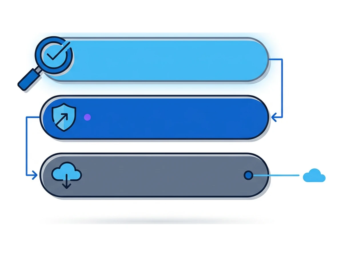 Three horizontal rectangular strips stacked vertically, each labelled with a small icon: magnifying glass, shield, and cloud