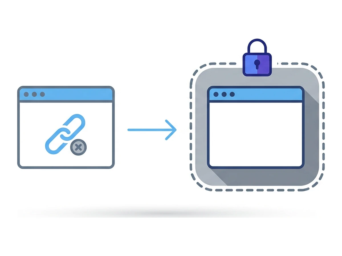 A browser window containing a suspicious link icon, an arrow leading to a second browser inside a dashed quarantine box with a padlock above