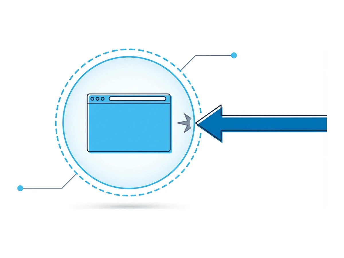 A browser window inside a dashed bubble, a second dashed arrow coming from outside the bubble stopping at its edge