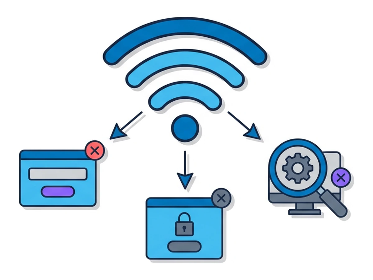 A Wi-Fi signal icon with three arrows branching out to three risk icons: a fake login page, a captive portal, and a device scan