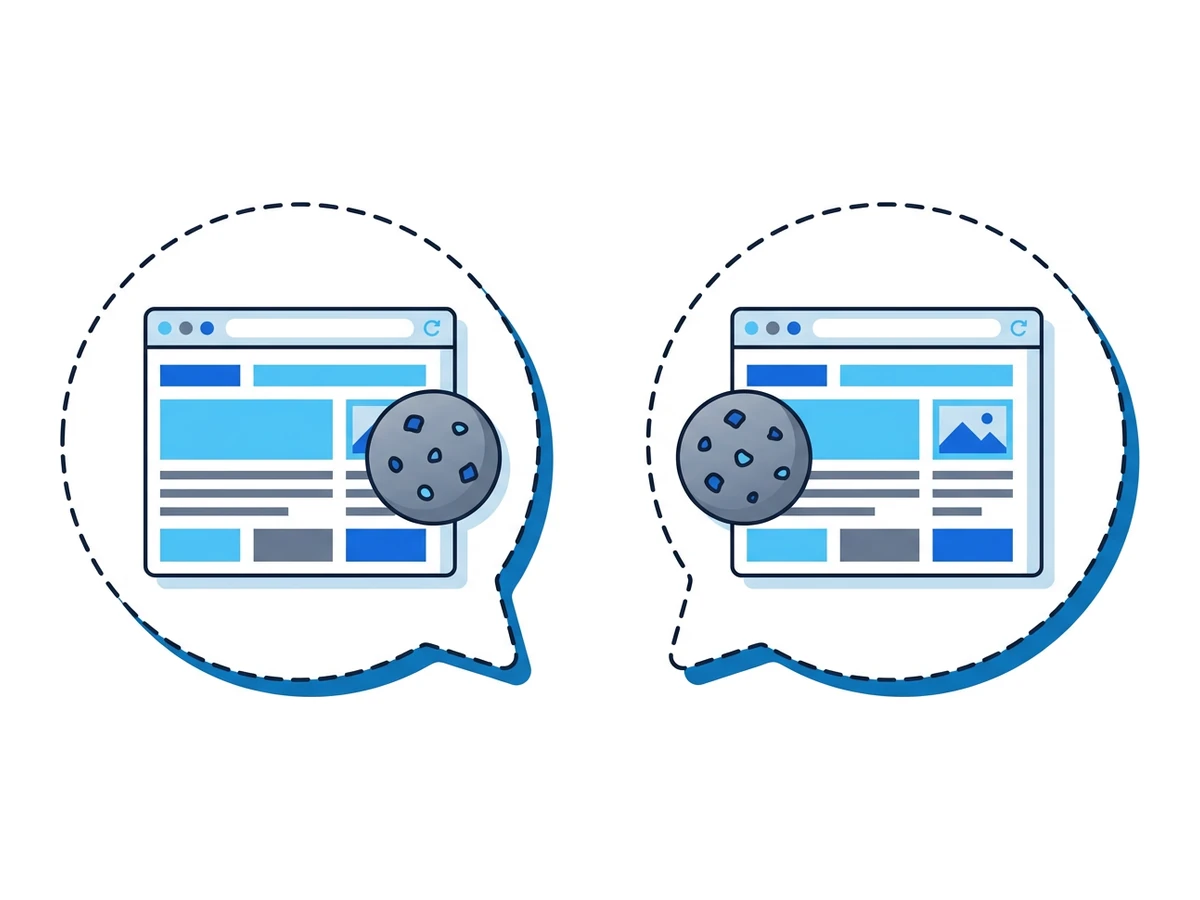 Two sealed bubbles side by side, each containing a browser with its own cookie icon, no connection between the bubbles