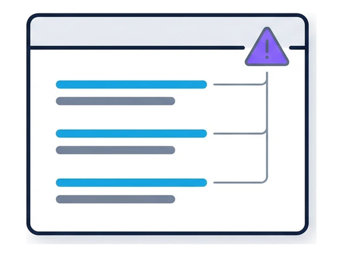 A browser window with a small warning triangle in the corner, three underlined rows beneath marking suspicious events