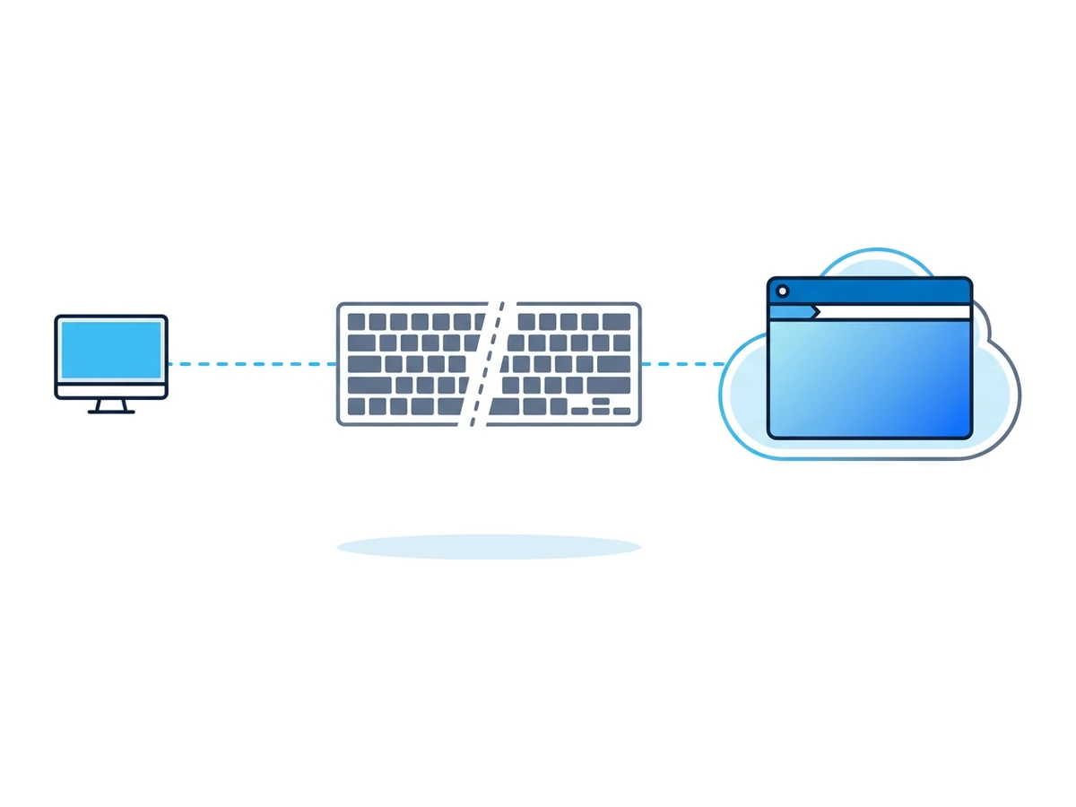A local monitor connected by a dashed line to a remote browser window in a cloud shape, with a keyboard silhouette between them that's visually broken by a dashed gap