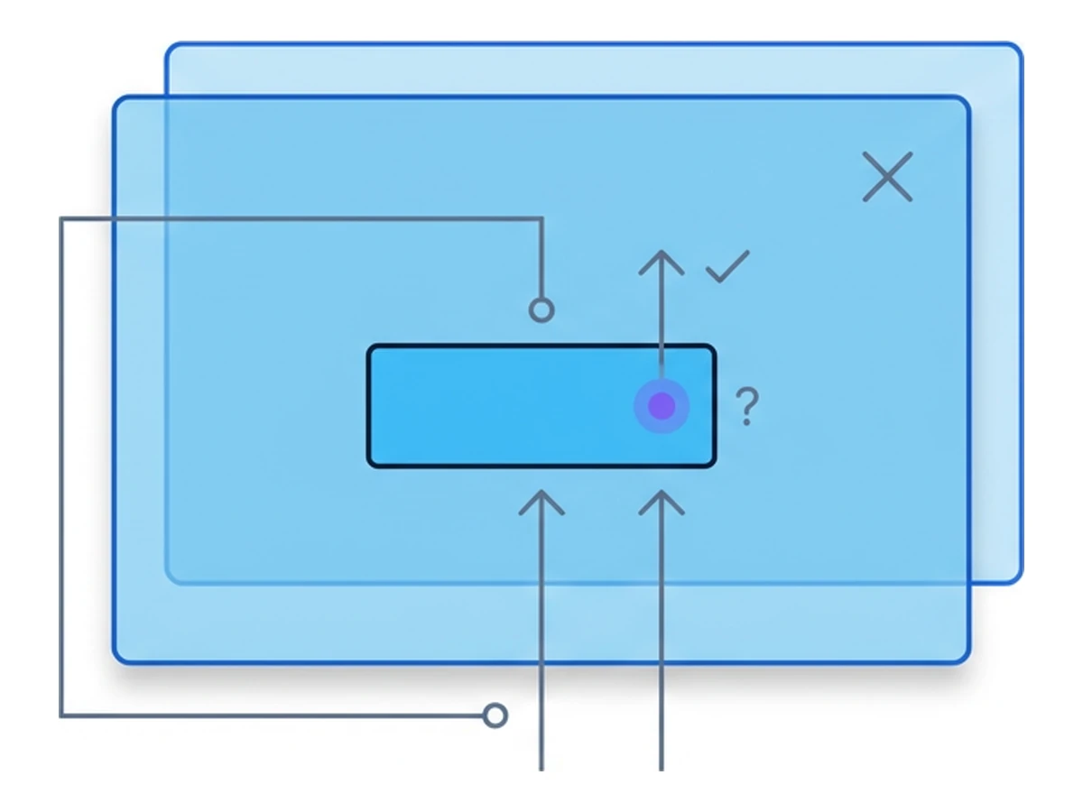 A button labeled 'Click here' with a semi-transparent overlay of a second button labeled 'Win prize' covering it, both schematic