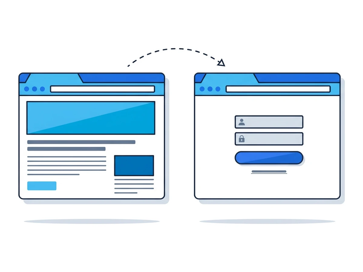 Two browser tabs side by side, the left showing an incomplete page, the right a login page, with a dashed arrow pointing from left to right