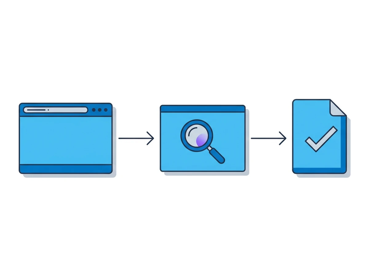 A flat browser on the left, an arrow to a browser containing a magnifier, another arrow to a document with a checkmark: triage, analyse, report