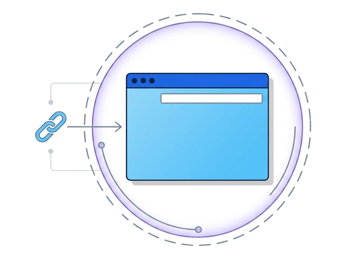 A link icon with an arrow pointing into a larger sealed browser window inside a dashed bubble