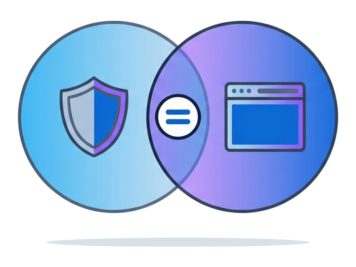 Two overlapping circles with a shield on the left and a browser window on the right