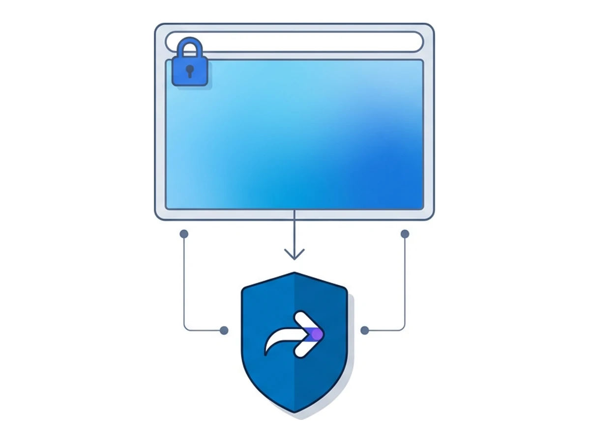 A flat browser window with a padlock on top, a vertical arrow down to a flat shield containing a tunnel arrow, representing a browser plus VPN stack