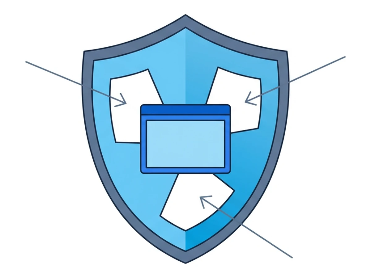 A flat shield with three gap cutouts in its surface, a small browser icon peeking through one of the gaps, thin arrows pointing at each gap