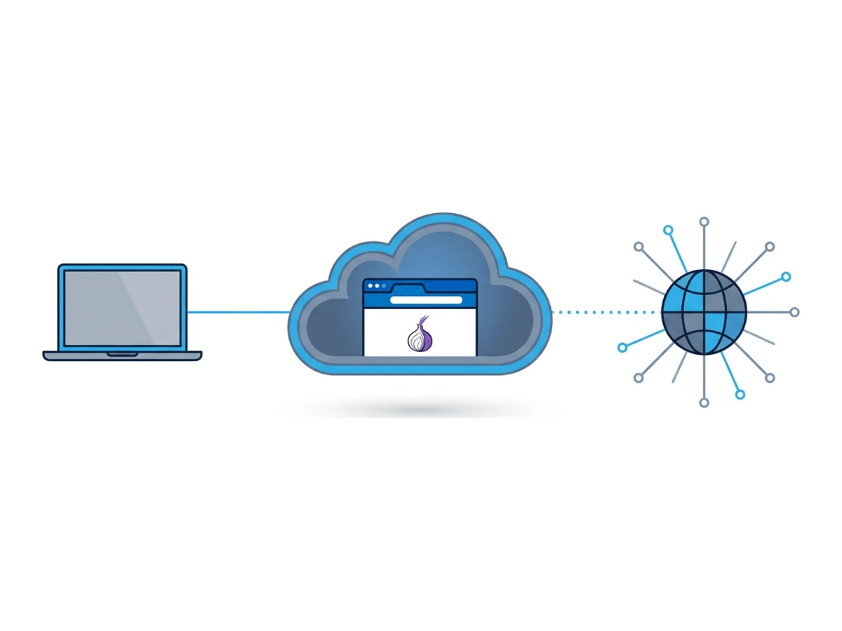 A small laptop on the left connected by a thin line to a cloud-shaped container in the middle holding a browser window with an onion symbol, and a globe with radiating lines on the right