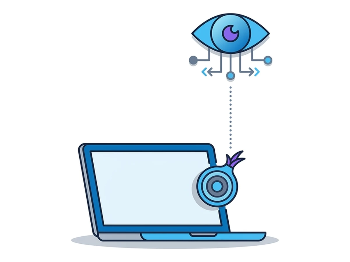 A laptop outline on the left with a small onion symbol escaping it upward, an open eye above connected to the laptop by a dotted line