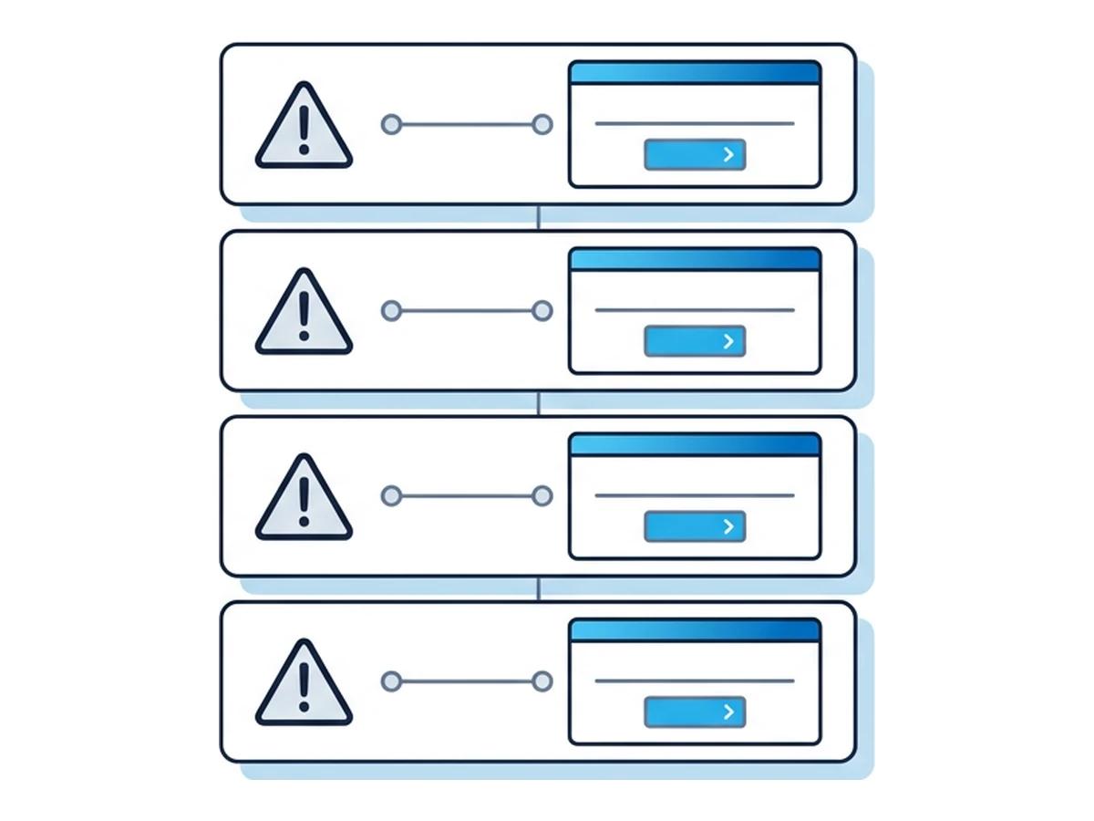 A list of four horizontal rows, each with a small warning glyph on the left edge and a schematic signature prompt