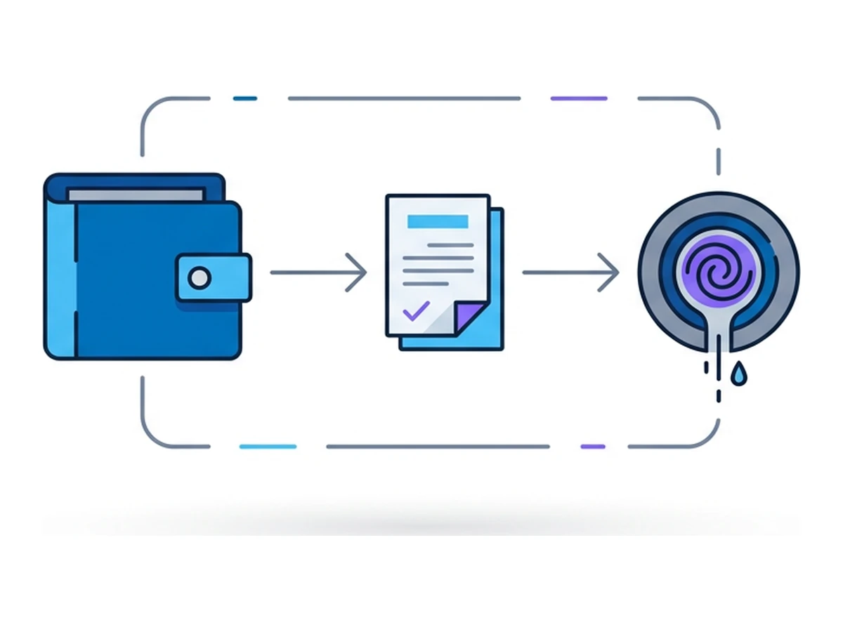 A wallet icon with a pipeline leading to a contract symbol, then to a drainer icon outside a dashed frame