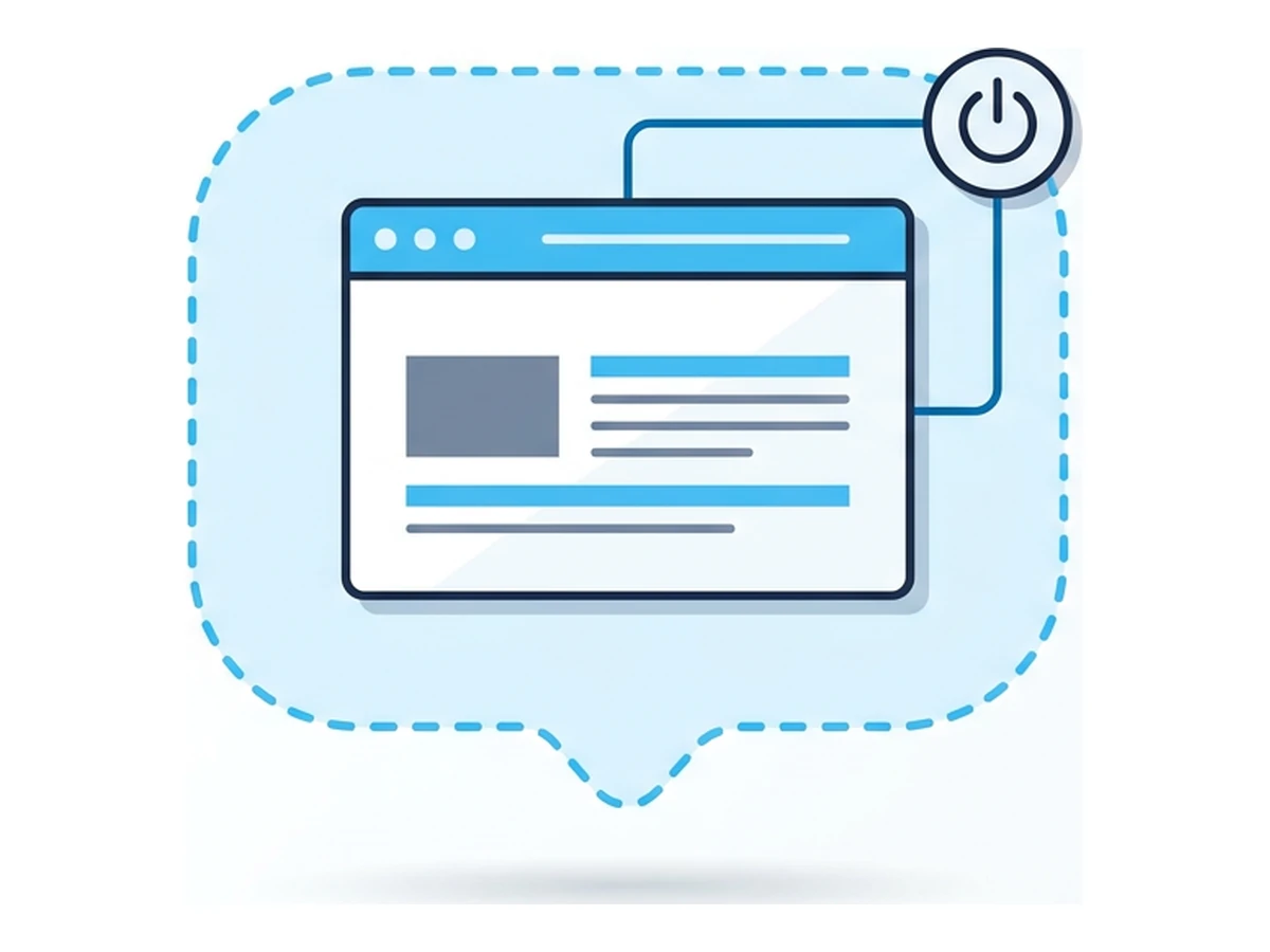 A flat outlined browser window enclosed inside a larger rounded dashed bubble with a small power symbol at its top right corner