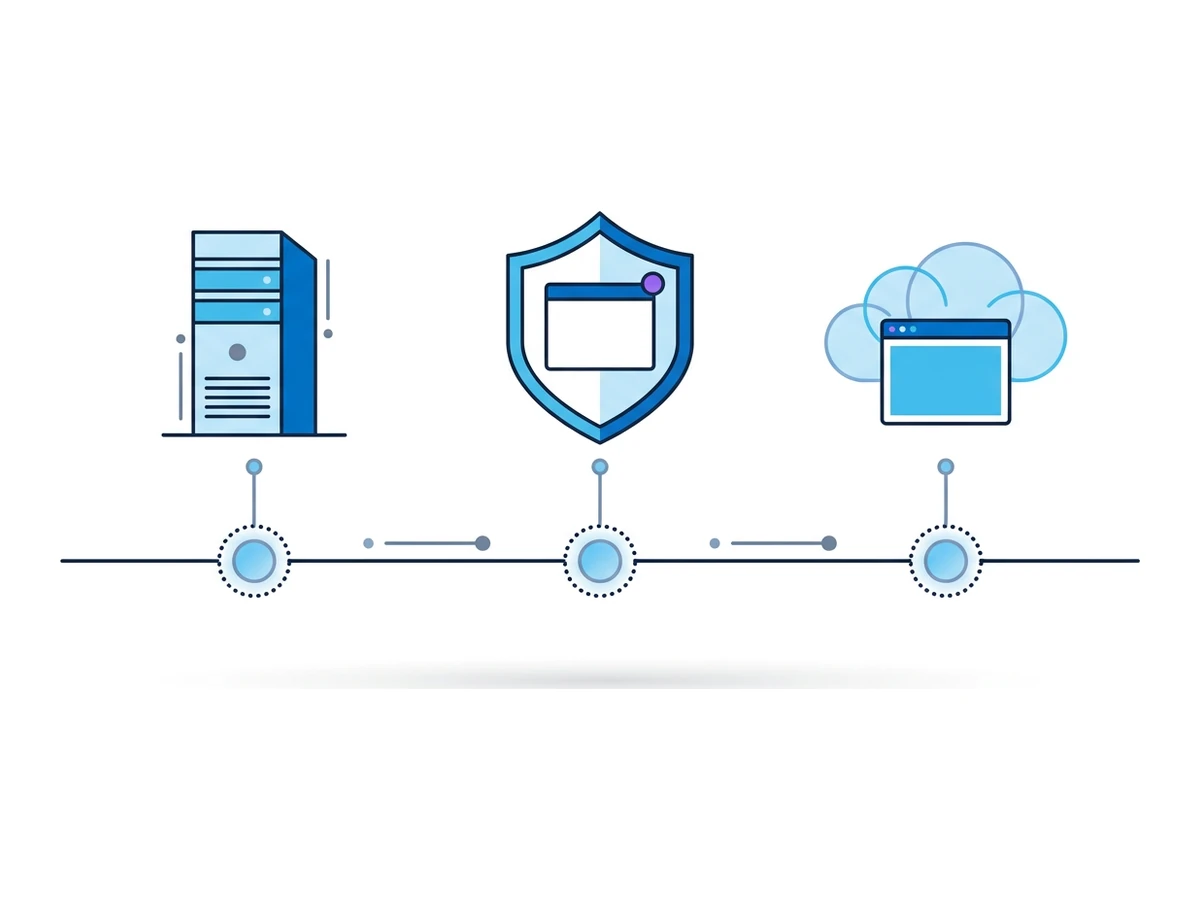 A horizontal timeline with three milestone markers, each connected to a small flat icon, a server tower, a shield with a browser inside, and a browser inside a cloud