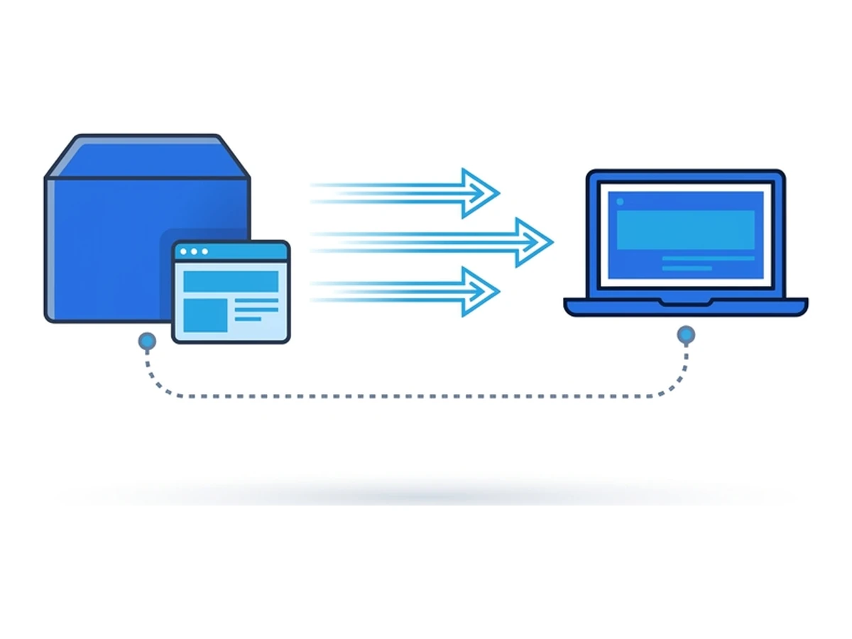 A remote server containing a browser, with parallel lines streaming pixels rightward to a laptop and a dotted line carrying input events back