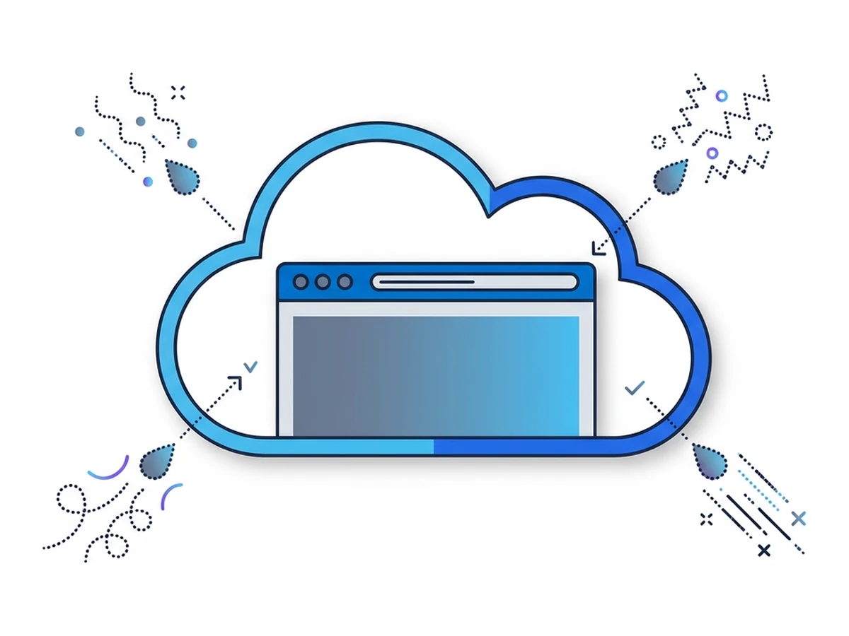 A flat outlined browser inside a cloud, with four small dotted leak drops escaping from the cloud's edges in different directions