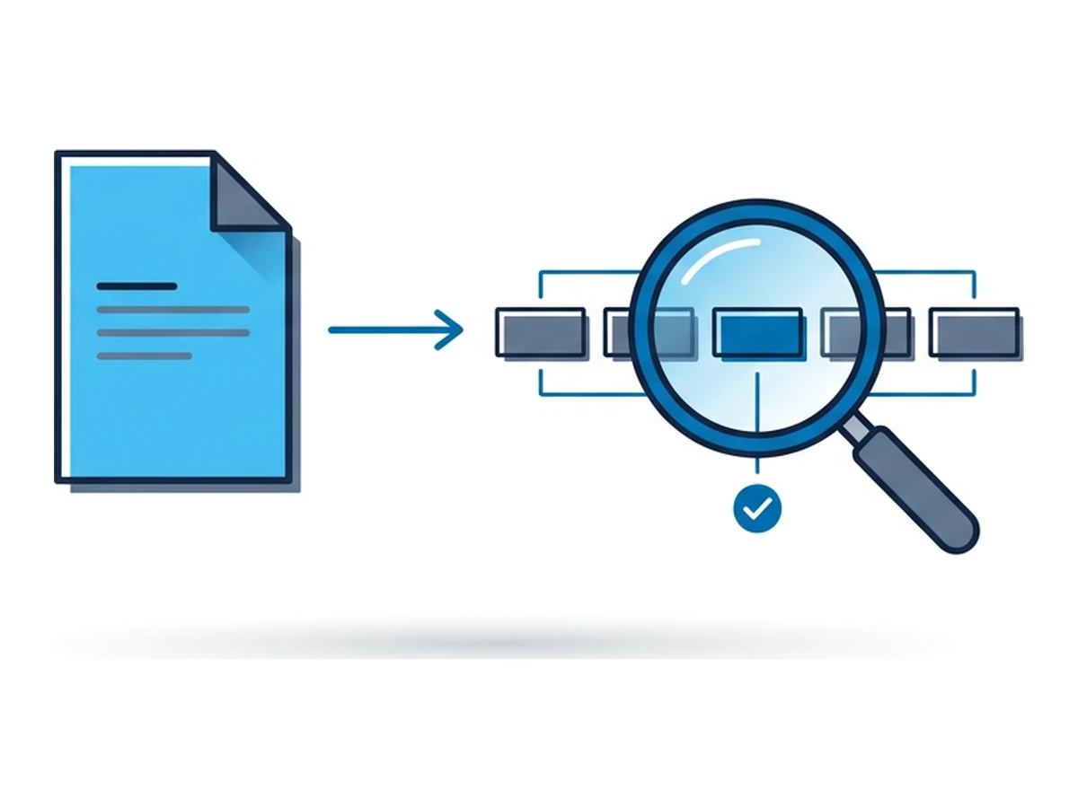 A file-page icon with a thin arrow pointing to a magnifying glass comparing it against a row of small rectangles