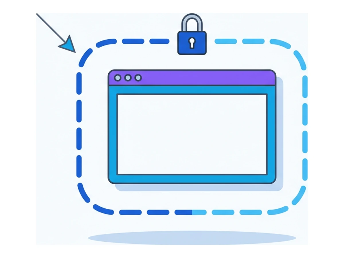 A browser window enclosed in a dashed rounded container with a small padlock on top and an arrow pointing inward