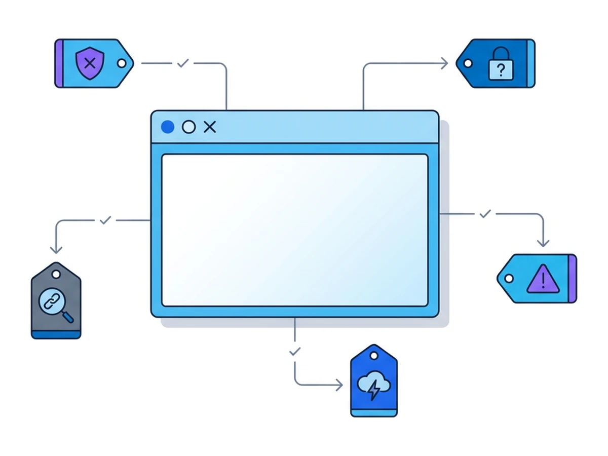 A browser window in the centre with five small tag-shaped icons floating around it connected by thin lines