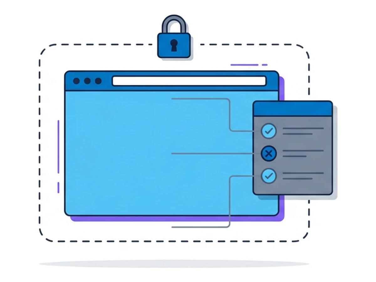 A browser window enclosed in a dashed rounded container with a small checklist attached to the side and a tiny padlock on top