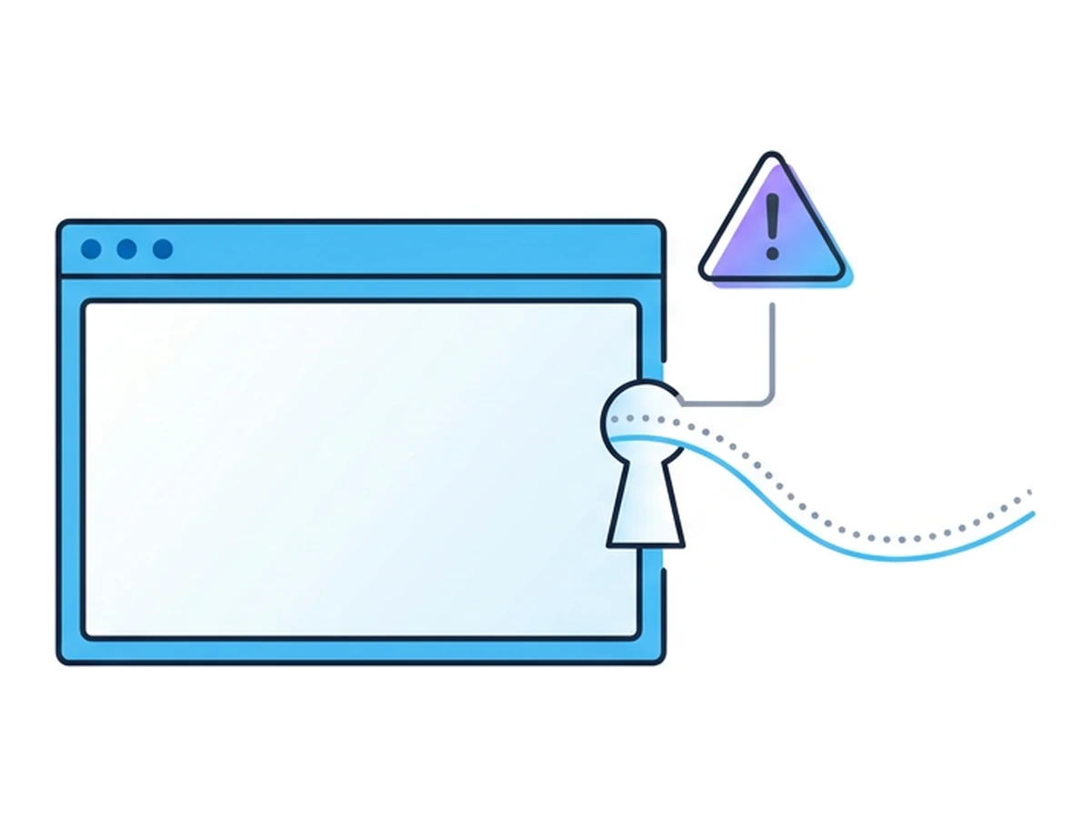 A flat browser window with a small keyhole cut into its right edge and a curved dotted line slipping in, a warning triangle hovering near the entry point