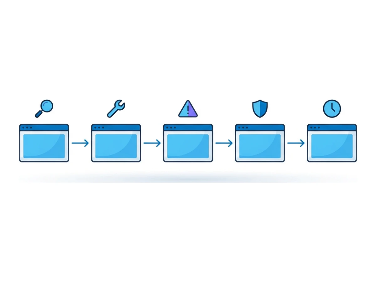 Five small browser windows arranged horizontally, connected by arrows, with an icon above each representing discovery, weaponization, exploitation, patching, and reuse
