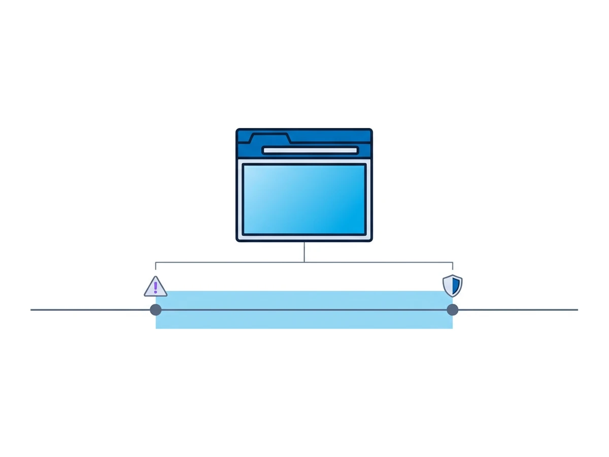 A small browser above a timeline with a shaded gap between a warning icon and a shield icon